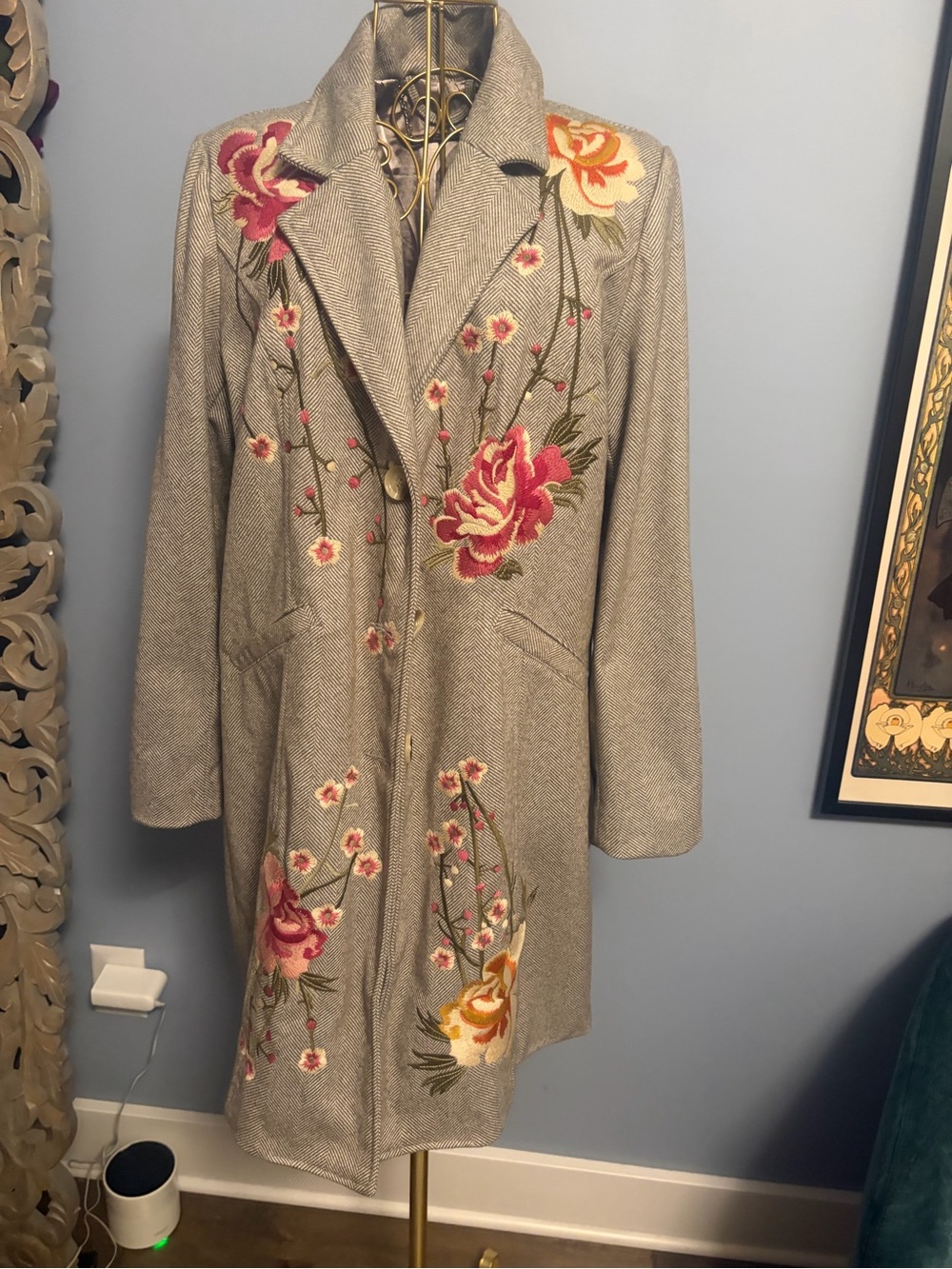 Embroidered Floral Grey Wool-Blend Coat